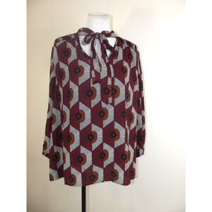 ByDesign Womens BLOUSE - Size 3X - Burgundy Print Smocked Shoulder Tie Neck NWT
